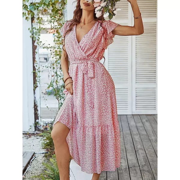 imageANRABESS Womens 2023 Floral Summer Dress Wrap V Neck Short Sleeve Belted Ruffle Hem ALine Bohemian Maxi DressesPink