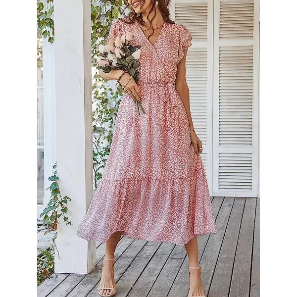 imageANRABESS Womens 2023 Floral Summer Dress Wrap V Neck Short Sleeve Belted Ruffle Hem ALine Bohemian Maxi DressesPink