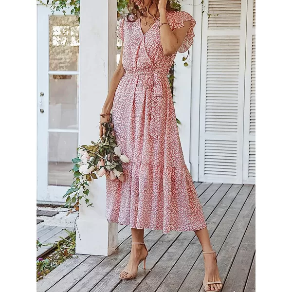 imageANRABESS Womens 2023 Floral Summer Dress Wrap V Neck Short Sleeve Belted Ruffle Hem ALine Bohemian Maxi DressesPink