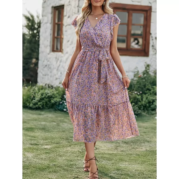imageANRABESS Womens 2023 Floral Summer Dress Wrap V Neck Short Sleeve Belted Ruffle Hem ALine Bohemian Maxi DressesPink Blue