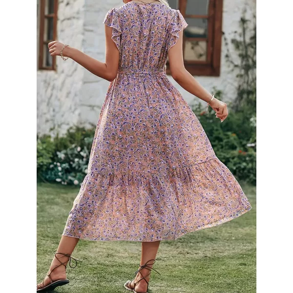 imageANRABESS Womens 2023 Floral Summer Dress Wrap V Neck Short Sleeve Belted Ruffle Hem ALine Bohemian Maxi DressesPink Blue