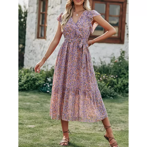 imageANRABESS Womens 2023 Floral Summer Dress Wrap V Neck Short Sleeve Belted Ruffle Hem ALine Bohemian Maxi DressesPink Blue