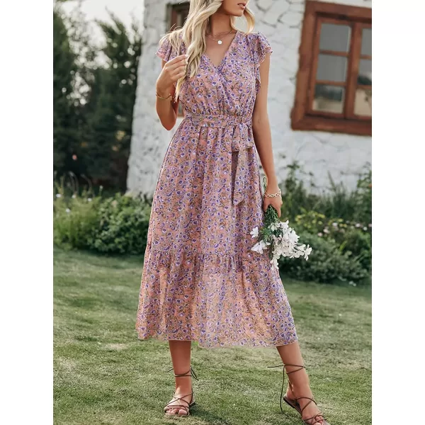 imageANRABESS Womens 2023 Floral Summer Dress Wrap V Neck Short Sleeve Belted Ruffle Hem ALine Bohemian Maxi DressesPink Blue