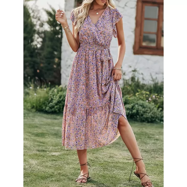 imageANRABESS Womens 2023 Floral Summer Dress Wrap V Neck Short Sleeve Belted Ruffle Hem ALine Bohemian Maxi DressesPink Blue