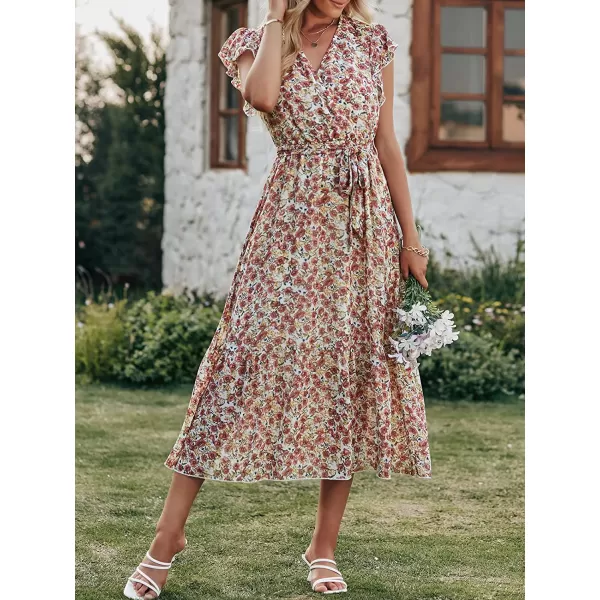imageANRABESS Womens 2023 Floral Summer Dress Wrap V Neck Short Sleeve Belted Ruffle Hem ALine Bohemian Maxi DressesPink White