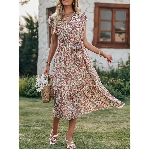imageANRABESS Womens 2023 Floral Summer Dress Wrap V Neck Short Sleeve Belted Ruffle Hem ALine Bohemian Maxi DressesPink White