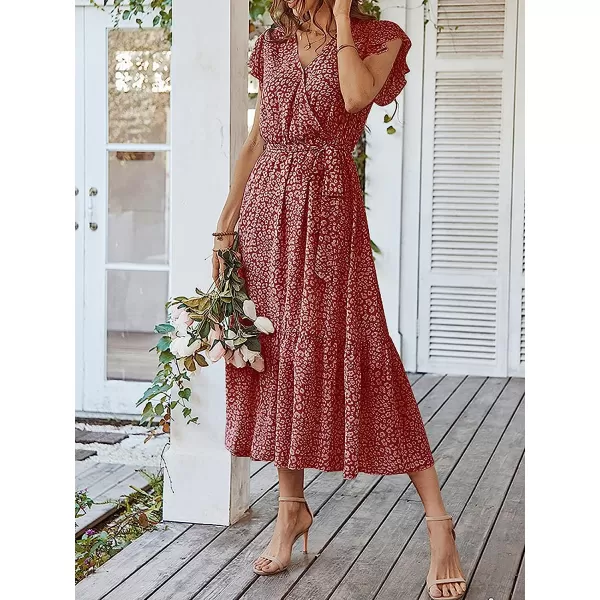 imageANRABESS Womens 2023 Floral Summer Dress Wrap V Neck Short Sleeve Belted Ruffle Hem ALine Bohemian Maxi DressesRed