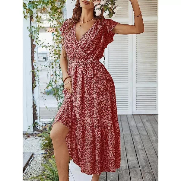 imageANRABESS Womens 2023 Floral Summer Dress Wrap V Neck Short Sleeve Belted Ruffle Hem ALine Bohemian Maxi DressesRed