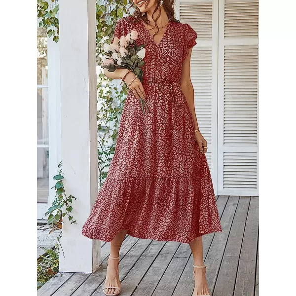 imageANRABESS Womens 2023 Floral Summer Dress Wrap V Neck Short Sleeve Belted Ruffle Hem ALine Bohemian Maxi DressesRed