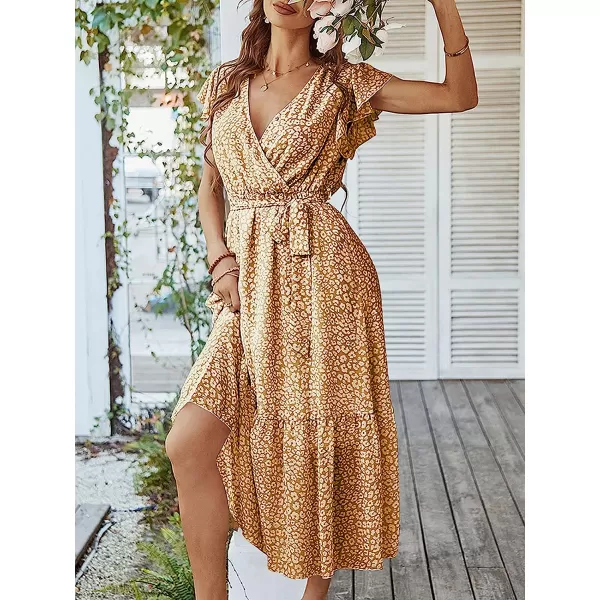 imageANRABESS Womens 2023 Floral Summer Dress Wrap V Neck Short Sleeve Belted Ruffle Hem ALine Bohemian Maxi DressesYellow