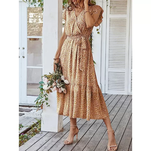 imageANRABESS Womens 2023 Floral Summer Dress Wrap V Neck Short Sleeve Belted Ruffle Hem ALine Bohemian Maxi DressesYellow