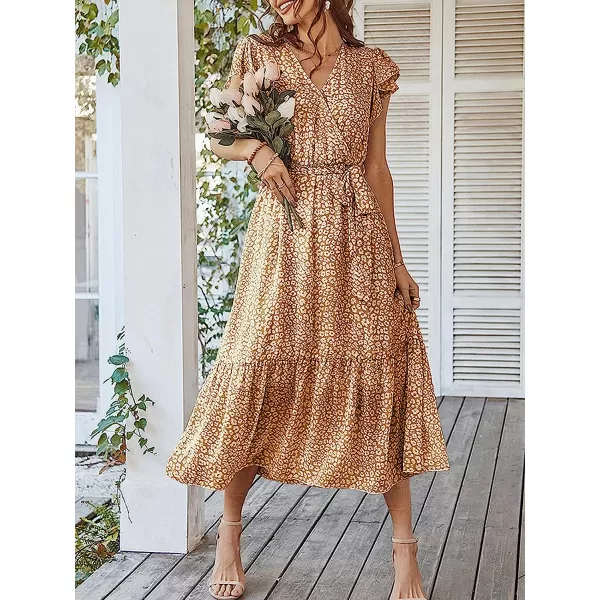 imageANRABESS Womens 2023 Floral Summer Dress Wrap V Neck Short Sleeve Belted Ruffle Hem ALine Bohemian Maxi DressesYellow