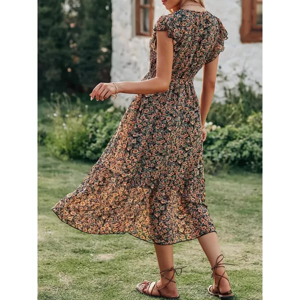 imageANRABESS Womens 2023 Floral Summer Dress Wrap V Neck Short Sleeve Belted Ruffle Hem ALine Bohemian Maxi DressesYellow Black