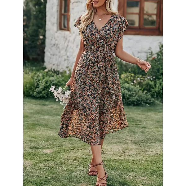 imageANRABESS Womens 2023 Floral Summer Dress Wrap V Neck Short Sleeve Belted Ruffle Hem ALine Bohemian Maxi DressesYellow Black