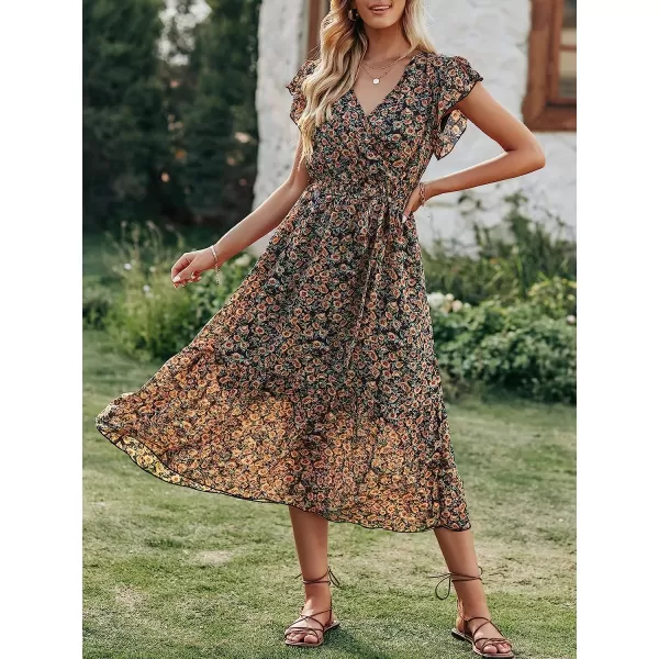 imageANRABESS Womens 2023 Floral Summer Dress Wrap V Neck Short Sleeve Belted Ruffle Hem ALine Bohemian Maxi DressesYellow Black