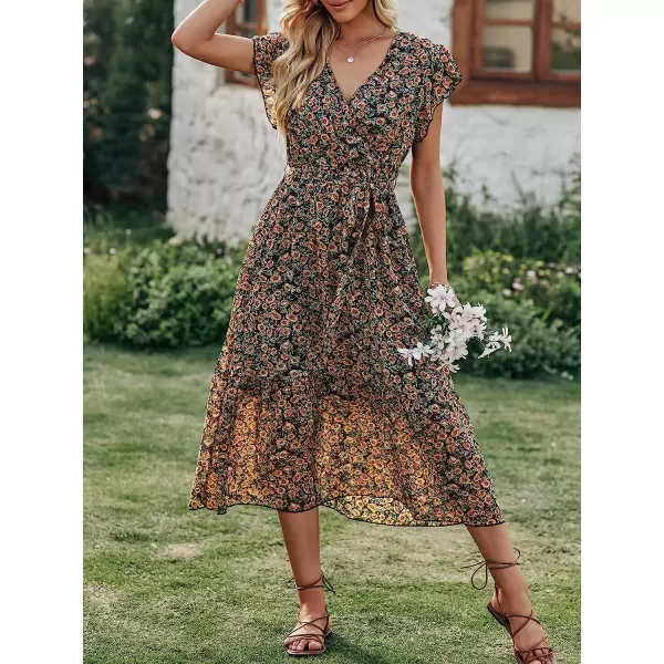 imageANRABESS Womens 2023 Floral Summer Dress Wrap V Neck Short Sleeve Belted Ruffle Hem ALine Bohemian Maxi DressesYellow Black