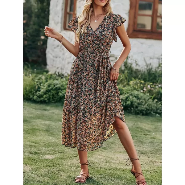 imageANRABESS Womens 2023 Floral Summer Dress Wrap V Neck Short Sleeve Belted Ruffle Hem ALine Bohemian Maxi DressesYellow Black