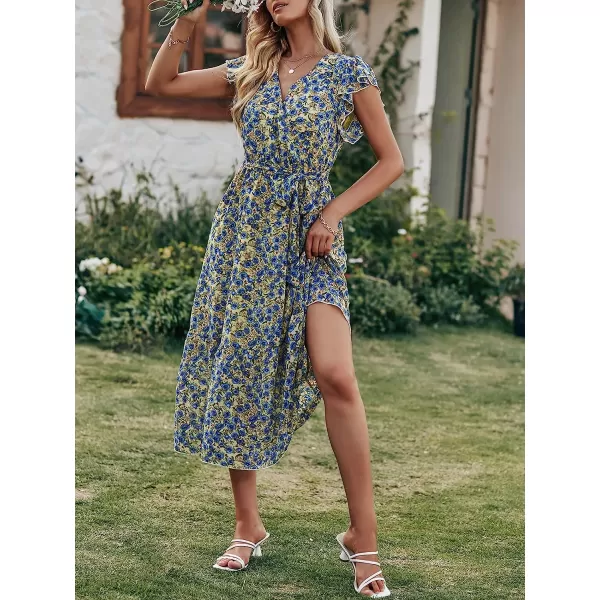 imageANRABESS Womens 2023 Floral Summer Dress Wrap V Neck Short Sleeve Belted Ruffle Hem ALine Bohemian Maxi DressesYellow Blue