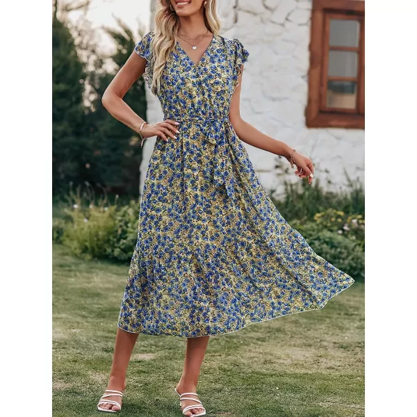 imageANRABESS Womens 2023 Floral Summer Dress Wrap V Neck Short Sleeve Belted Ruffle Hem ALine Bohemian Maxi DressesYellow Blue