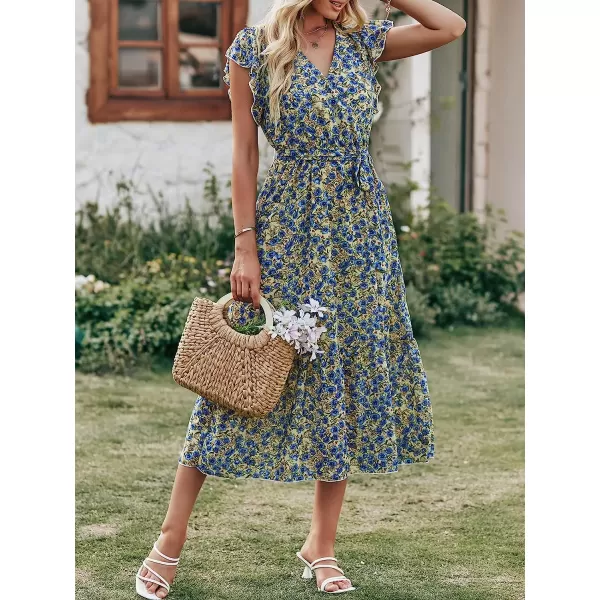 imageANRABESS Womens 2023 Floral Summer Dress Wrap V Neck Short Sleeve Belted Ruffle Hem ALine Bohemian Maxi DressesYellow Blue
