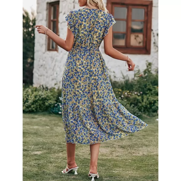 imageANRABESS Womens 2023 Floral Summer Dress Wrap V Neck Short Sleeve Belted Ruffle Hem ALine Bohemian Maxi DressesYellow Blue