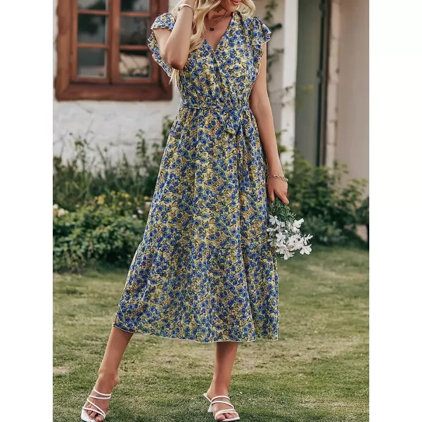 imageANRABESS Womens 2023 Floral Summer Dress Wrap V Neck Short Sleeve Belted Ruffle Hem ALine Bohemian Maxi DressesYellow Blue