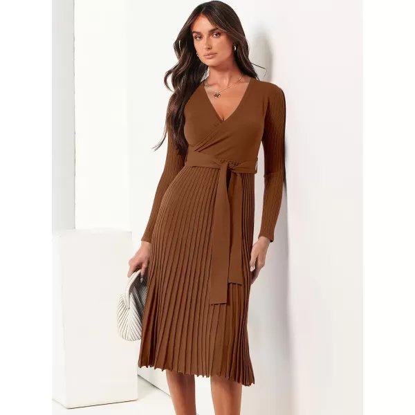 imageANRABESS Womens 2023 Long Sleeve Sweater Dress Wrap V Neck Pleated Ribbed Knit A Line Belted Tie Waist Midi DressCaramel