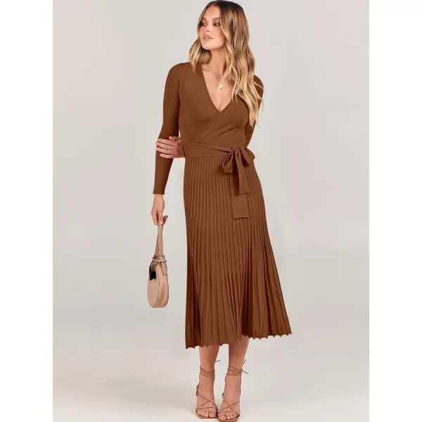 imageANRABESS Womens 2023 Long Sleeve Sweater Dress Wrap V Neck Pleated Ribbed Knit A Line Belted Tie Waist Midi DressCaramel