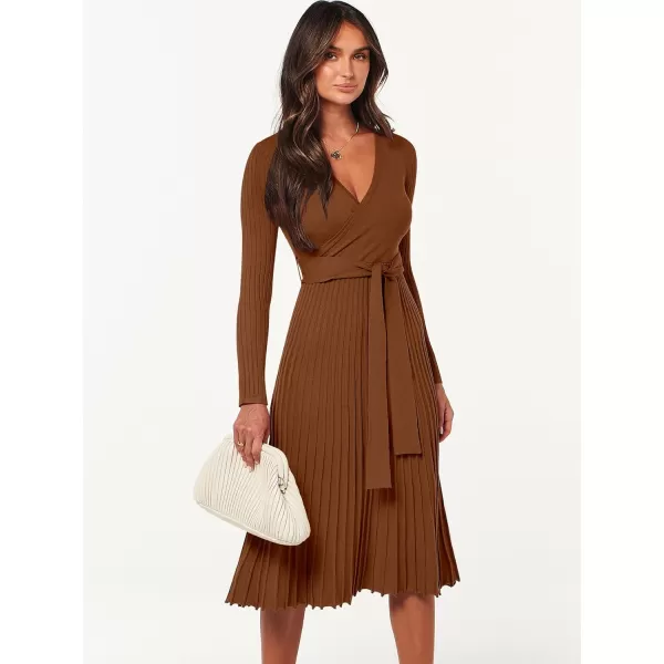 imageANRABESS Womens 2023 Long Sleeve Sweater Dress Wrap V Neck Pleated Ribbed Knit A Line Belted Tie Waist Midi DressCaramel