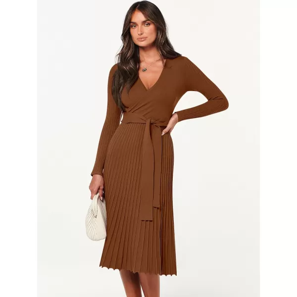 imageANRABESS Womens 2023 Long Sleeve Sweater Dress Wrap V Neck Pleated Ribbed Knit A Line Belted Tie Waist Midi DressCaramel
