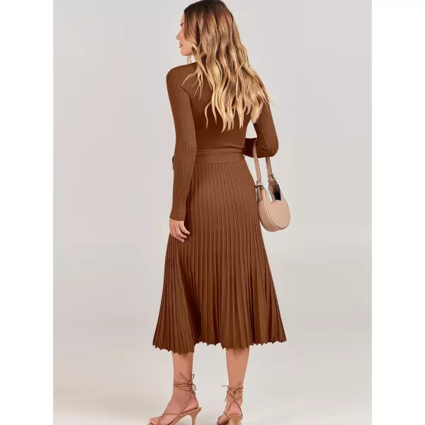 imageANRABESS Womens 2023 Long Sleeve Sweater Dress Wrap V Neck Pleated Ribbed Knit A Line Belted Tie Waist Midi DressCaramel