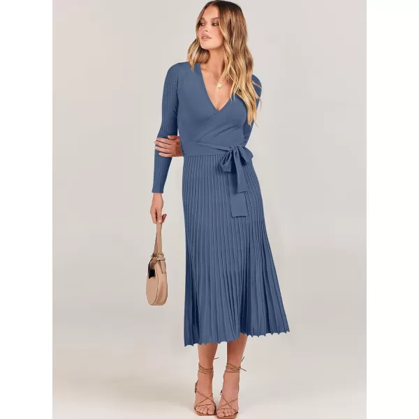 imageANRABESS Womens 2023 Long Sleeve Sweater Dress Wrap V Neck Pleated Ribbed Knit A Line Belted Tie Waist Midi DressDusty Blue