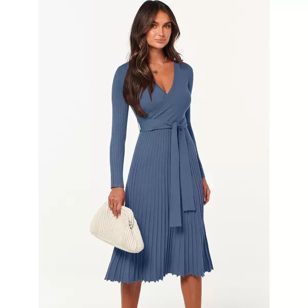 imageANRABESS Womens 2023 Long Sleeve Sweater Dress Wrap V Neck Pleated Ribbed Knit A Line Belted Tie Waist Midi DressDusty Blue
