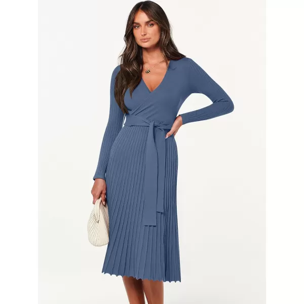 imageANRABESS Womens 2023 Long Sleeve Sweater Dress Wrap V Neck Pleated Ribbed Knit A Line Belted Tie Waist Midi DressDusty Blue
