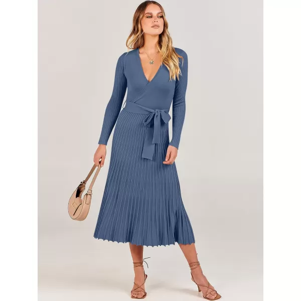 imageANRABESS Womens 2023 Long Sleeve Sweater Dress Wrap V Neck Pleated Ribbed Knit A Line Belted Tie Waist Midi DressDusty Blue