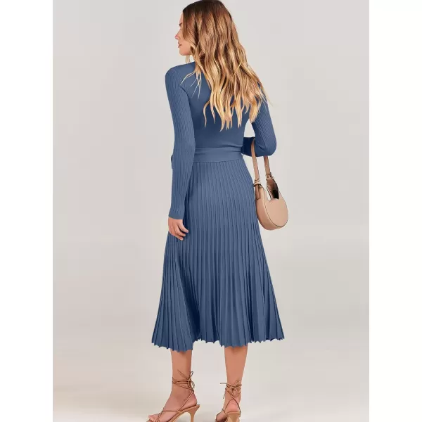 imageANRABESS Womens 2023 Long Sleeve Sweater Dress Wrap V Neck Pleated Ribbed Knit A Line Belted Tie Waist Midi DressDusty Blue