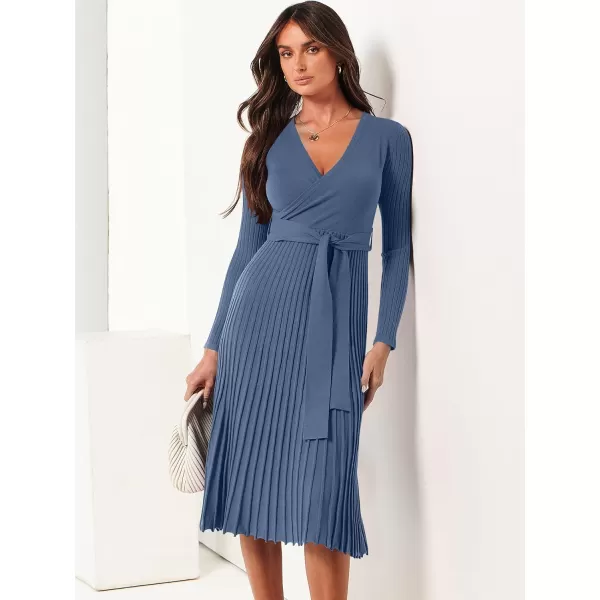 imageANRABESS Womens 2023 Long Sleeve Sweater Dress Wrap V Neck Pleated Ribbed Knit A Line Belted Tie Waist Midi DressDusty Blue