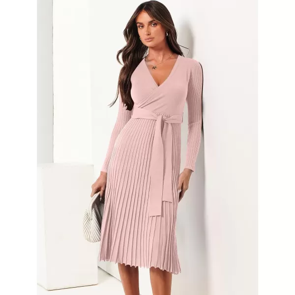 imageANRABESS Womens 2023 Long Sleeve Sweater Dress Wrap V Neck Pleated Ribbed Knit A Line Belted Tie Waist Midi DressPink