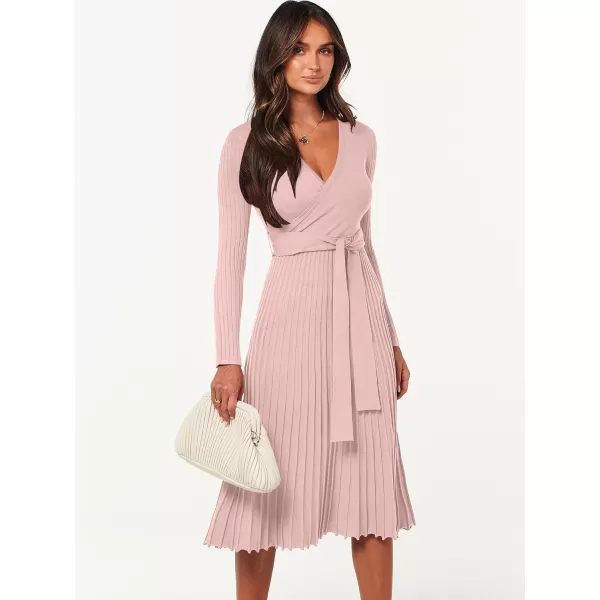 imageANRABESS Womens 2023 Long Sleeve Sweater Dress Wrap V Neck Pleated Ribbed Knit A Line Belted Tie Waist Midi DressPink