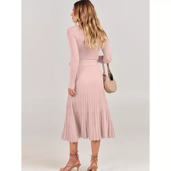 imageANRABESS Womens 2023 Long Sleeve Sweater Dress Wrap V Neck Pleated Ribbed Knit A Line Belted Tie Waist Midi DressPink