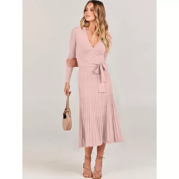 imageANRABESS Womens 2023 Long Sleeve Sweater Dress Wrap V Neck Pleated Ribbed Knit A Line Belted Tie Waist Midi DressPink
