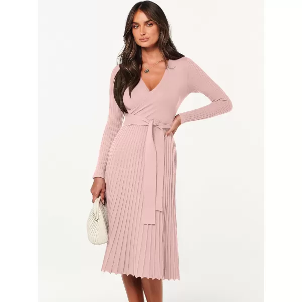 imageANRABESS Womens 2023 Long Sleeve Sweater Dress Wrap V Neck Pleated Ribbed Knit A Line Belted Tie Waist Midi DressPink