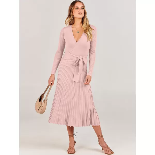 imageANRABESS Womens 2023 Long Sleeve Sweater Dress Wrap V Neck Pleated Ribbed Knit A Line Belted Tie Waist Midi DressPink