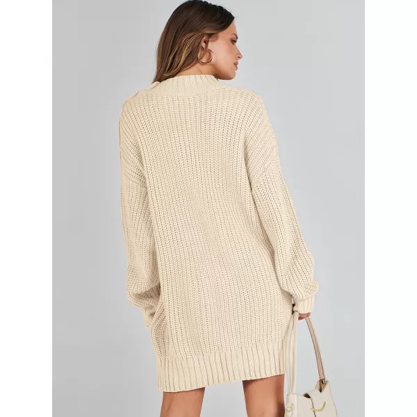 imageANRABESS Womens 2023 Oversized Sweater Dress Long Sleeve Crewneck Chunky Cable Knit Casual Short Pullover Dress TopsApricot