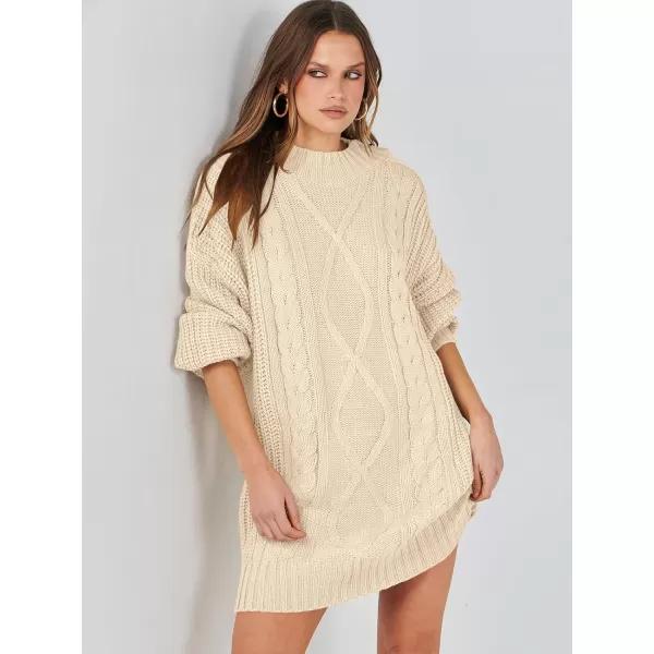 imageANRABESS Womens 2023 Oversized Sweater Dress Long Sleeve Crewneck Chunky Cable Knit Casual Short Pullover Dress TopsApricot
