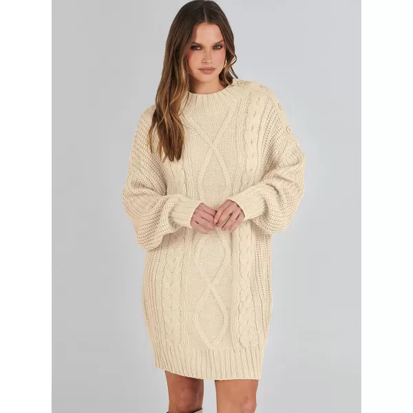 imageANRABESS Womens 2023 Oversized Sweater Dress Long Sleeve Crewneck Chunky Cable Knit Casual Short Pullover Dress TopsApricot
