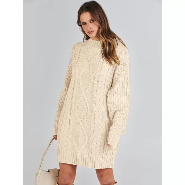imageANRABESS Womens 2023 Oversized Sweater Dress Long Sleeve Crewneck Chunky Cable Knit Casual Short Pullover Dress TopsApricot