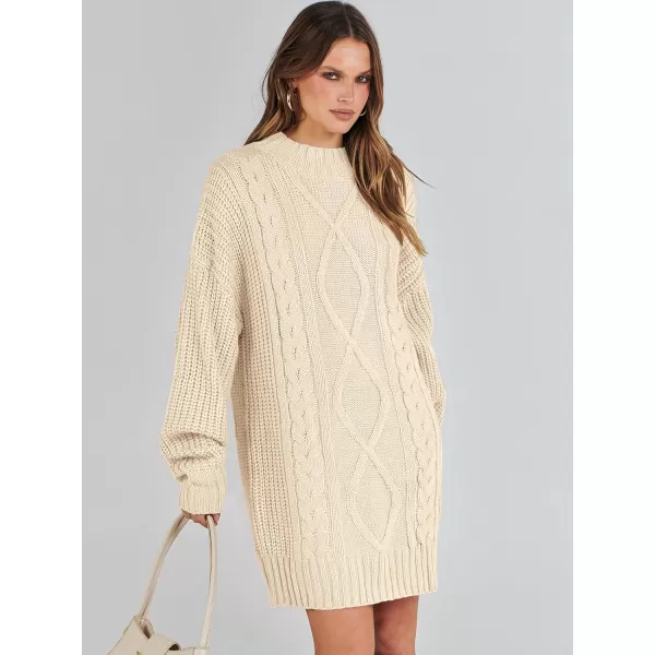 imageANRABESS Womens 2023 Oversized Sweater Dress Long Sleeve Crewneck Chunky Cable Knit Casual Short Pullover Dress TopsApricot