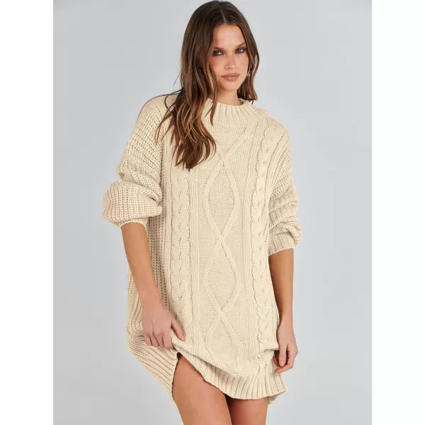 imageANRABESS Womens 2023 Oversized Sweater Dress Long Sleeve Crewneck Chunky Cable Knit Casual Short Pullover Dress TopsApricot