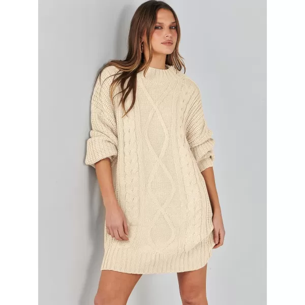 imageANRABESS Womens 2023 Oversized Sweater Dress Long Sleeve Crewneck Chunky Cable Knit Casual Short Pullover Dress TopsApricot